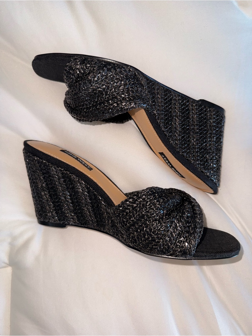 Nine West Black Woven Peep-Toe Wedge Sandals